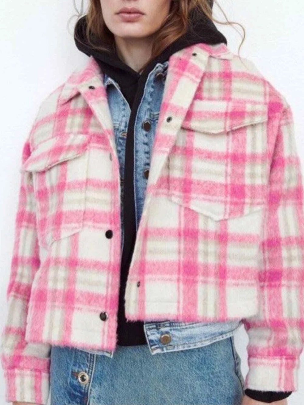 Zara Pink and White Plaid Cropped Jacket (shacket) size S